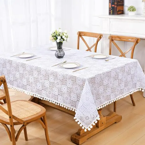 Mantel De Vinilo Blanco Impermeable Con Borlas, 55x55 Pulgad