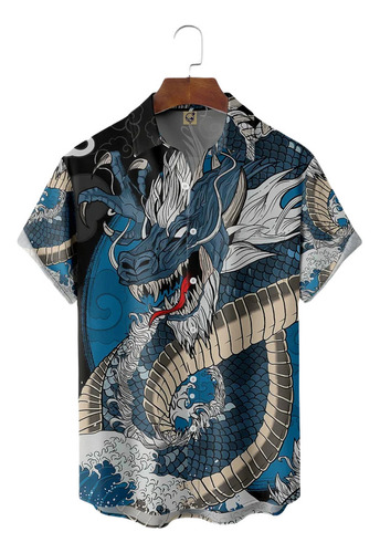 Ghb Camisa Hawaiana Unisex Con Diseño De Dragón Ukiyo-e,