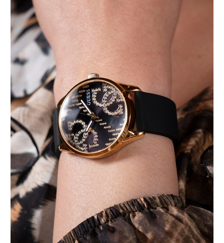Reloj Mujer Guess Steel Dorado Silicona. Correa Negro