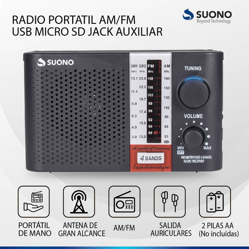 Radio Portatil Am Fm Usb Micro Sd Entrada Auriculares Color Negro
