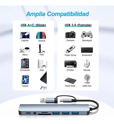 Mz Adaptador Usb C Hub Tipo C 8 Em 1 Mz, Multiporta, Usb 3.0
