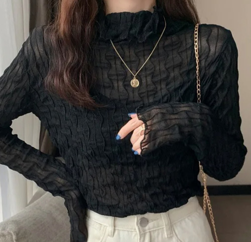 Camisetas Cuello Alto Para Mujer Tops Encaje Malla Ajustada