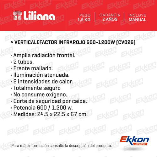 Imagen 2 de 8 de Calefactor Vertical Infrarrojo Liliana 1200w Cv026 Estufa