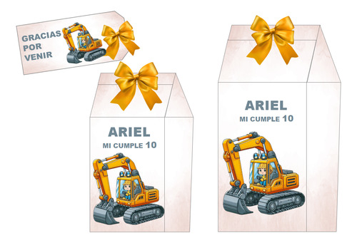 Kit Imprimible Cajas Milk + Tag + Moño: Máquina Excavadora