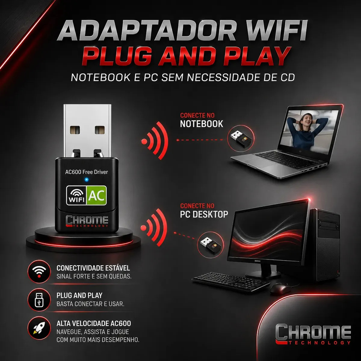 Adaptador Wifi Dual Band 2.4 / 5ghz 600mbps Wireless Sem Fio Receptor Dongle Internet Rapida Fast... 2
