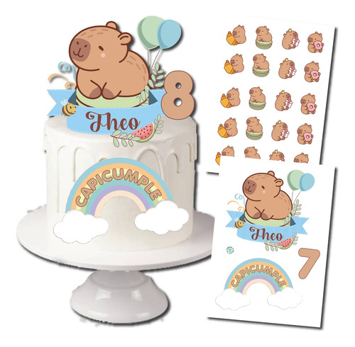 Topper Imprimible Torta Capibara Personalizado Celeste