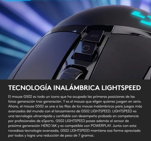 Mouse
gamer de juego inalámbrico recargable Logitech G Series Lightspeed G502 negro