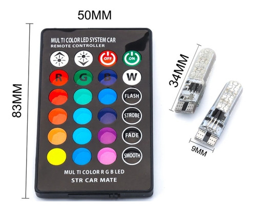 Focos Led T10 W5w Pellizco Estrobo Rgb Colores Control Remo