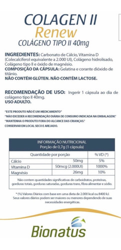 Imagem 2 de 4 de Renew Colageno Tipo Ii + Vit+ Min 30 Cps Bionatus