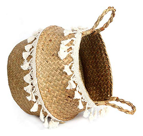 Cesto De Mimbre Tejido A Mano Con Borlas De Macramé Para Alm