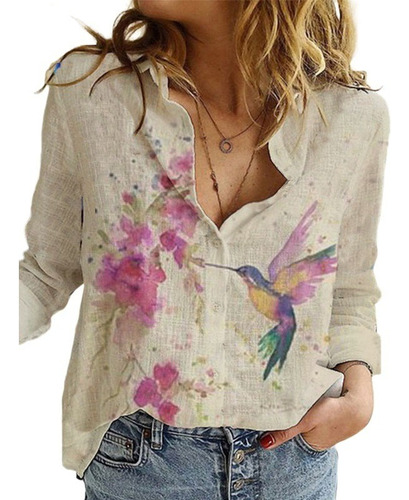 Camisa Con Solapa De Lino Con Estampado De Pájaros Florales