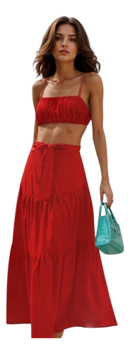 Conjunto Dos Piezas Crop Top Tirante Con Falda Larga Mujer