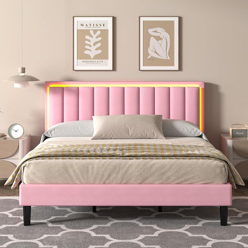 Bed Frame King Size Color Rosa C/cabecera Con Luz Led
