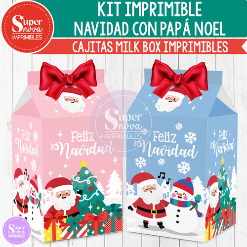 Kit Imprimible Cajitas Milk Box Navidad Con Papá Noel 2