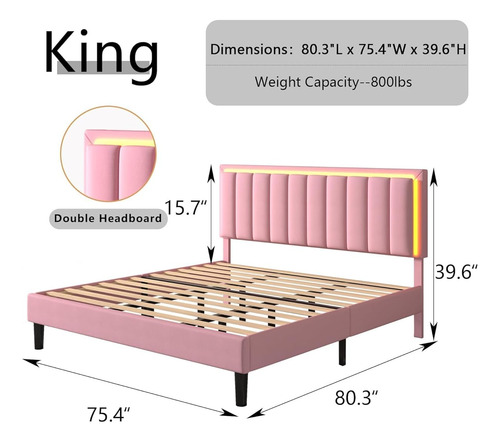 Bed Frame King Size Color Rosa C/cabecera Con Luz Led