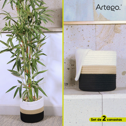 Canastos Cestos Set De 2 Piezas Rome 100% Algodón Compactas De Almacenamiento Decorativo Maceta Bote De Basura Organizador De 24cmx21.5cm Y 19cmx17.5