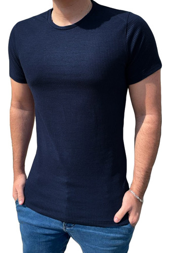 Camiseta Canelada Slim Masculina Manga Curta Azul Marinho
