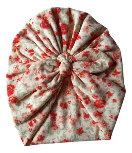 Gorro De Bebe Turbante Algodon Crema Y Rojo 3 A 12 Meses Floreado
