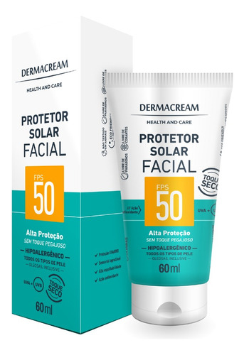 Protetor Solar Facial Fps50 S/cor Toque Seco Dermacream 60ml