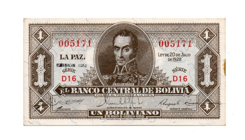 Billete Bolivia 1 Boliviano 1928 Emision Año 1952 P#128c