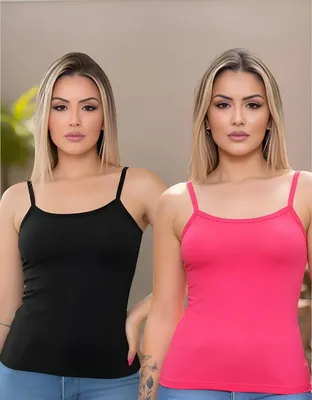Kit Com 2 Blusas Alcinha Viscolycra Básica Regata Verão Preto E Pink G 40/42
