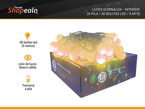 Imagen 3 de 8 de Luces Decorativa Cálidas Bolita Blanca 50 Led 5 Mt A Pilas-*