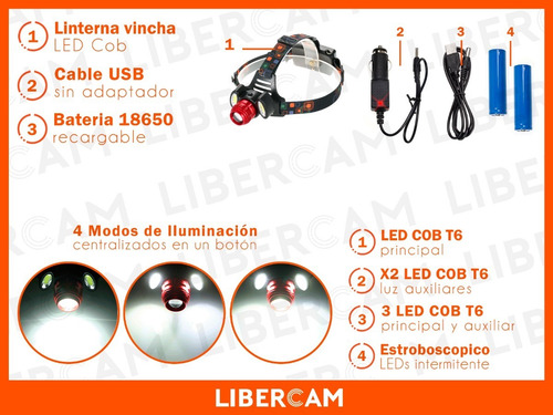 Linterna Minero Vincha Cabeza 3 Leds Cob Bateria Cargador 3