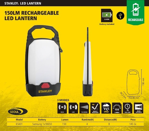 Farol Led Stanley 150 Lumens Recargable Usb 4 Funciones Color Negro