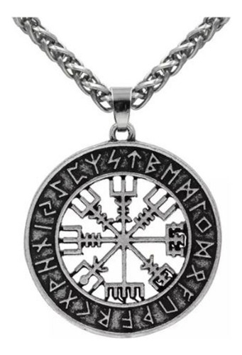 Dije Runas Brújula Vikinga Vegvisir Nórdico Acero Cadena Color Acero Pavonado