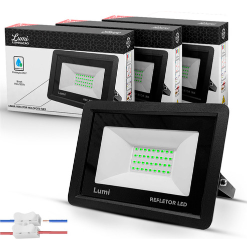 Kit 3 Refletor 100w Led 6500k Prova D Agua Holofote Branco Carcaça Preto Luz Verde 110v/220v