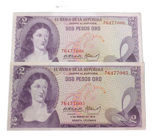 Billete Colombia 2 Pesos Oro 1973 Excelente Estado 