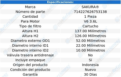 Filtro Aceite Volkswagen Routan V6 3.6l 11-14 Sakura
