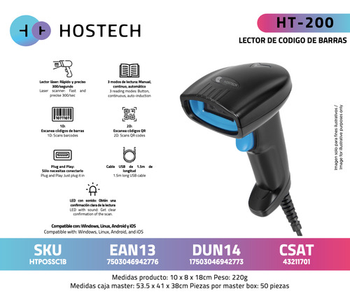 Lector De Código De Barras Hostech Cable Usb Lector Láser