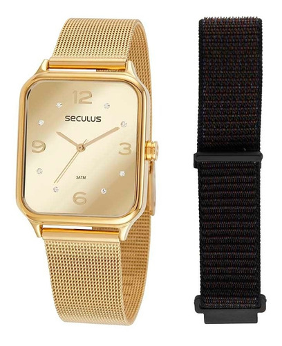 Relógio Seculus Dourado Feminino Troca Pulseira 77123lpsvds1