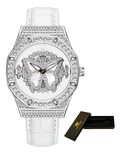 Relojes De Cuarzo De Lujo Olevs Leather Diamond Color Del Fondo Silver Butterfly