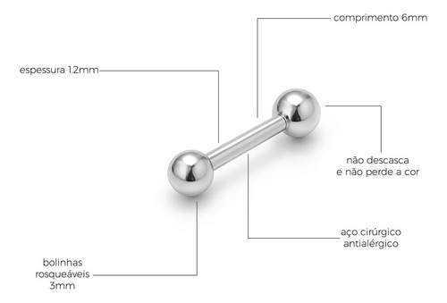 Par Piercing M2 Reto Microbell para Tragus Cartilagem em Aço Cirúrgico Cor Prata