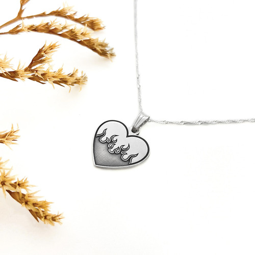 Cadena Y Dije Corazón Llamas Fuego Ardiente Plata 925 Plata 925 50 Cm