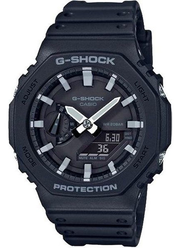 Relógio Casio G-shock Ga-2100-1adr Carbon Core Guard Correia Preto detalhe branco Bisel Preto Fundo Preto