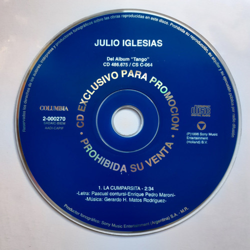Cd Original Promo - Julio Iglesias (la Cumparsita) (Usado)