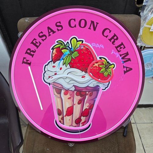Letrero Luminoso Fresas Con Crema Imagen Uv Neon Led 50x50