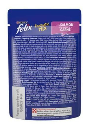 Alimento Felix Fantastic Mix para gato adulto sabor salmón y carne en sobre de 85g