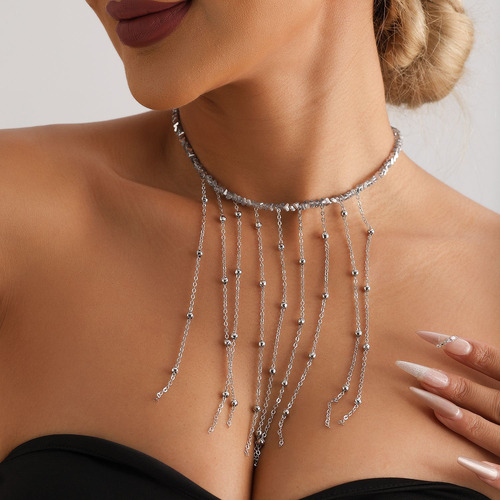 Collar De Cuentas De Cristal Con Espejo Y Borlas De Moda