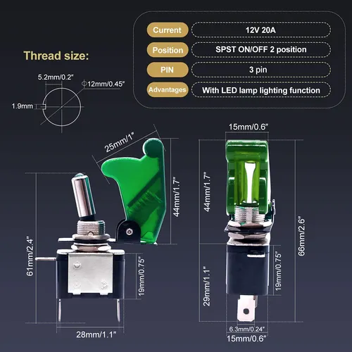 Boton De Palanca Switch On/off Led 12v 20a 3p C/tapa Verd 3u