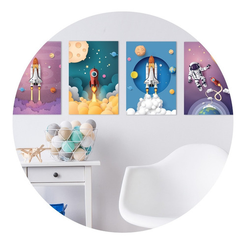 Placas Decorativas Astronauta No Espaço 20x30cm Kit 4un