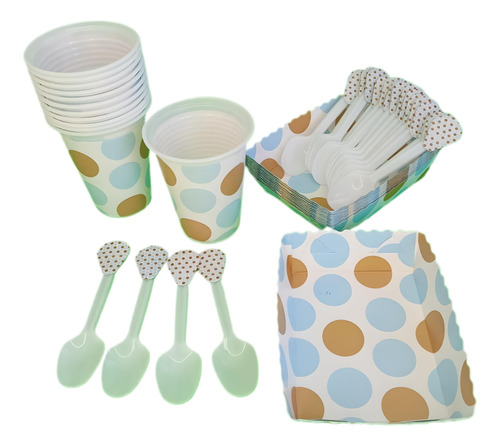 Kit Deco Polka Azul Dorado Descartables 36invit Leer Dc