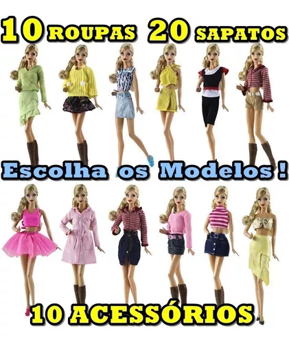 Kit 10 Roupas Vestidos Boneca Barbie 20 Sapatos 20 Acessório