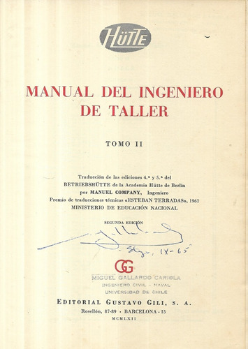 Manual Del Ingeniero De Taller Tomo 2 / Hutte Gustavo Gili (Usado)