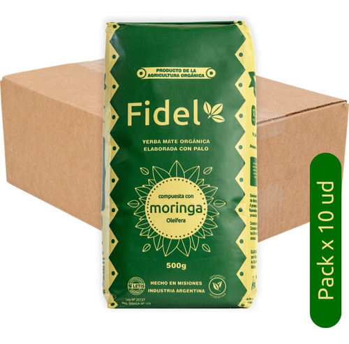 Pack X 10 Yerba Mate Fidel Orgánica Con Moringa (500 G)