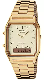 Reloj de pulsera Casio AQ-230 de cuerpo color dorado, analógico-digital, fondo blanco y dorado, con correa de acero inoxidable color dorado, agujas color dorado, dial negro y dorado, minutero/segunder