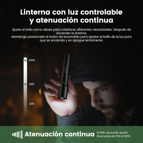 Philips Linterna Tactica Linternas Potentes Led Recargable Impermeable 300lm 5w Brillo Fuerte Alcance Luz Blancasúper Largo Esencial Para La Pesca Al Aire Libre Negro Aleación De Aluminio Sfl-2124